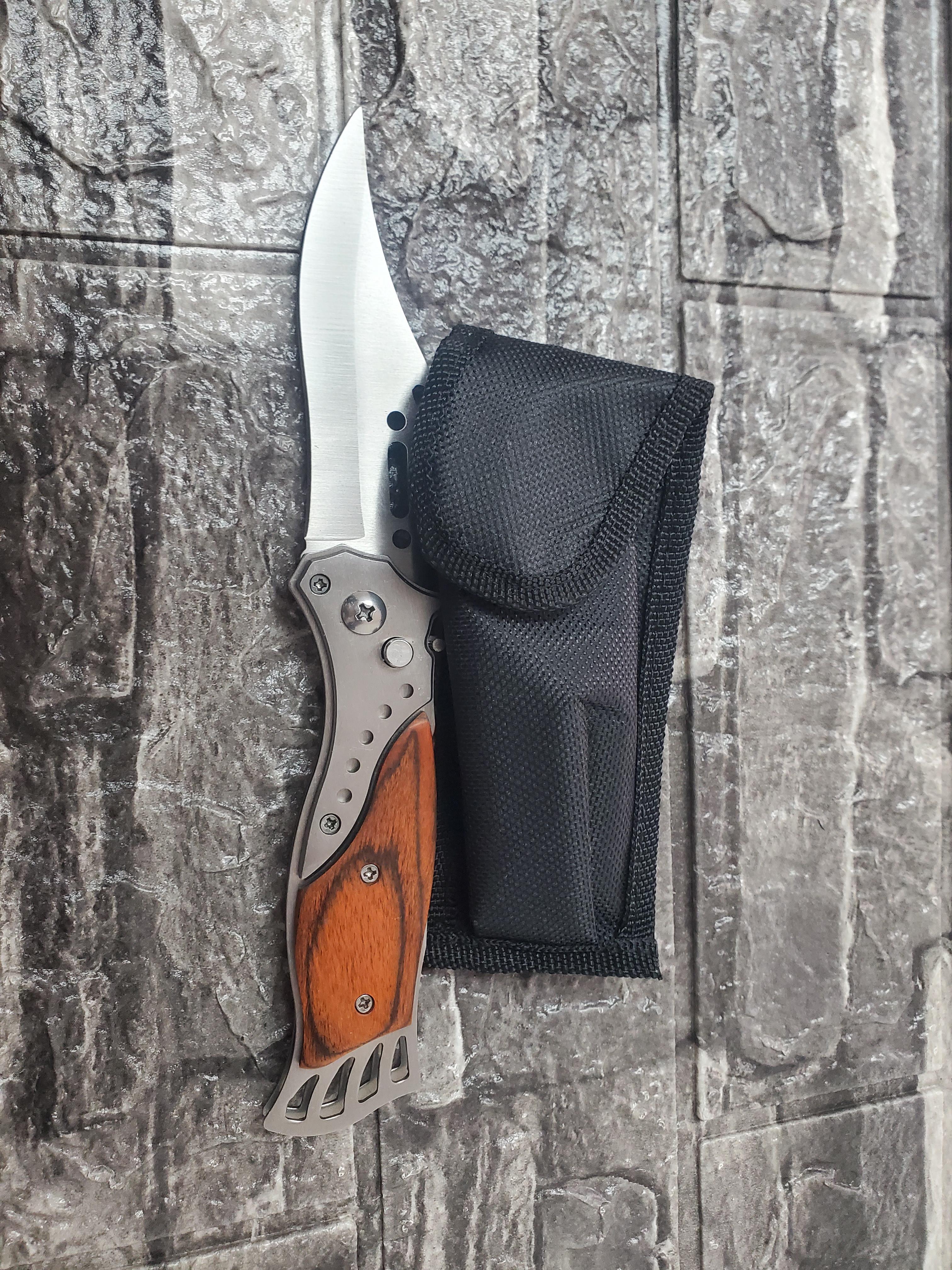 Premium Folding Pocket Knife with Wood Handle & Nylon Pouch — 1
