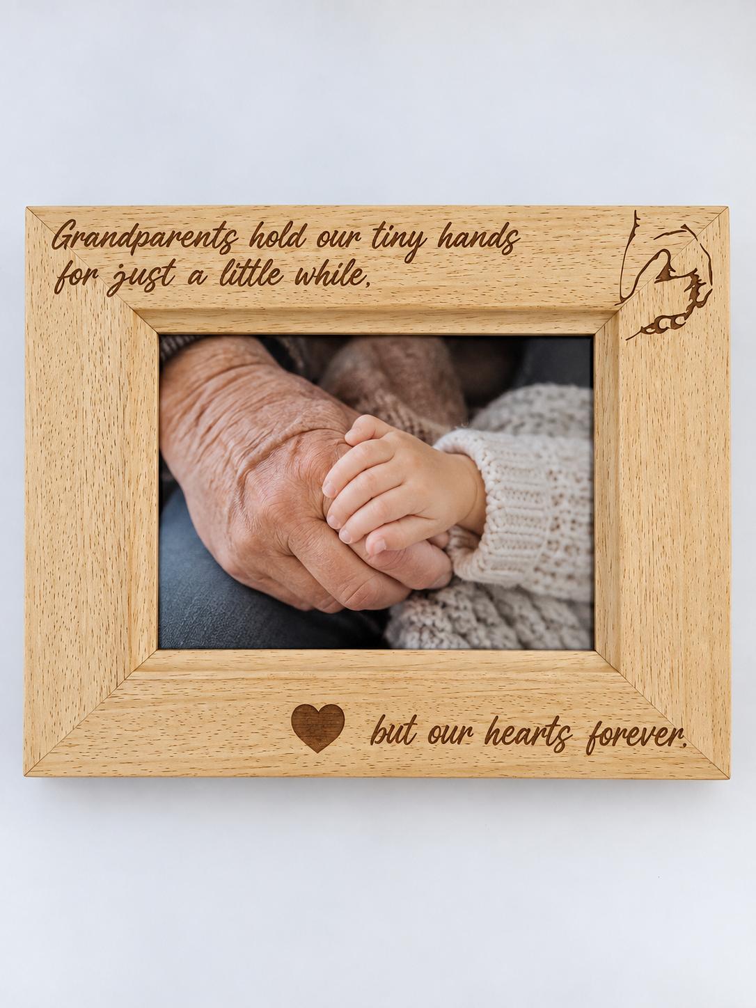 Engraved Wood Frame - grandparents hold our tiny hands for just a little while, but our hearts forever  — 1