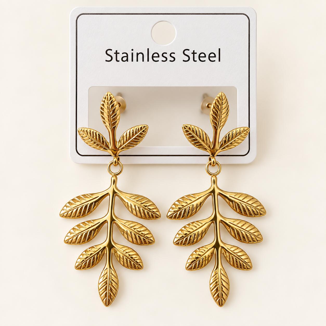 Stainless Steel Gold Botanical Leaf Drop Earrings, photo 2