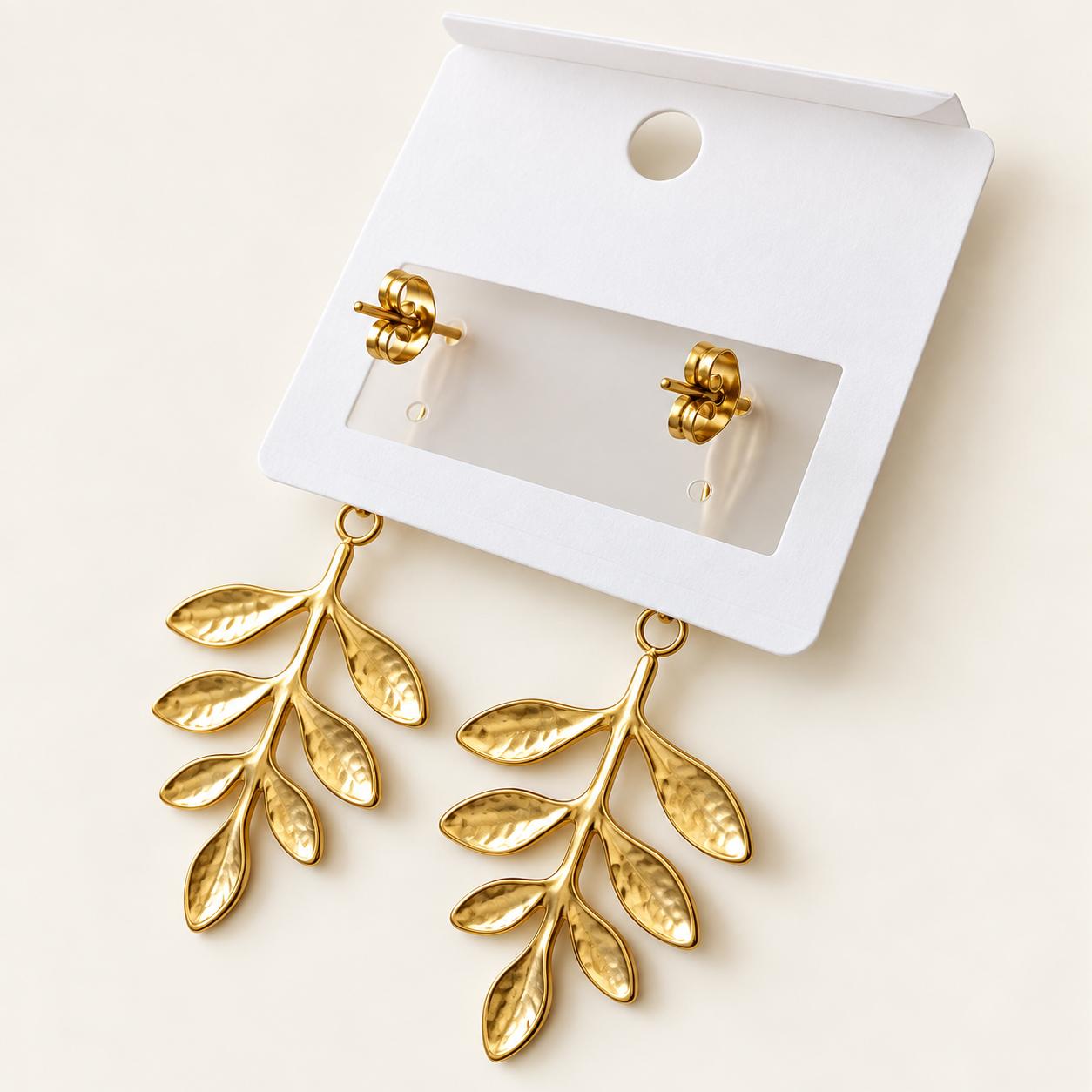 Stainless Steel Gold Botanical Leaf Drop Earrings, photo 3