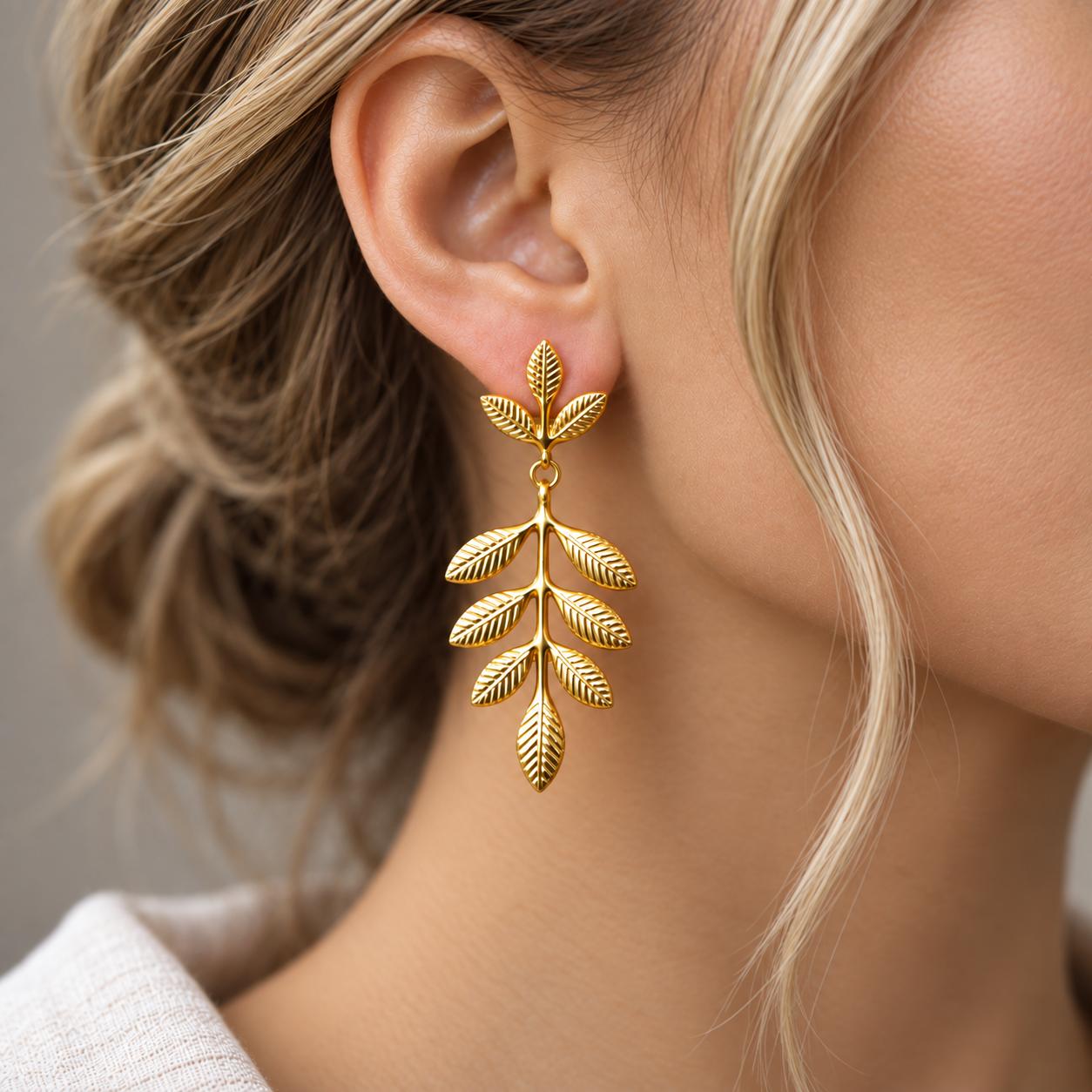 Stainless Steel Gold Botanical Leaf Drop Earrings, photo 1