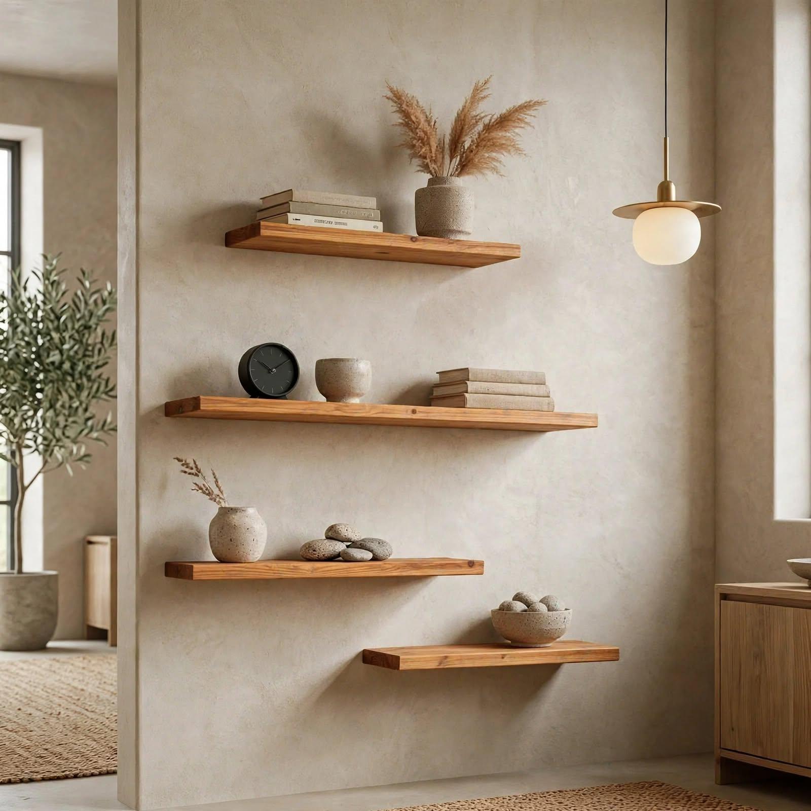 Set of 4 Display Wall Décor Floating Shelves - Light Brown Finish (Mixed Size), photo 1