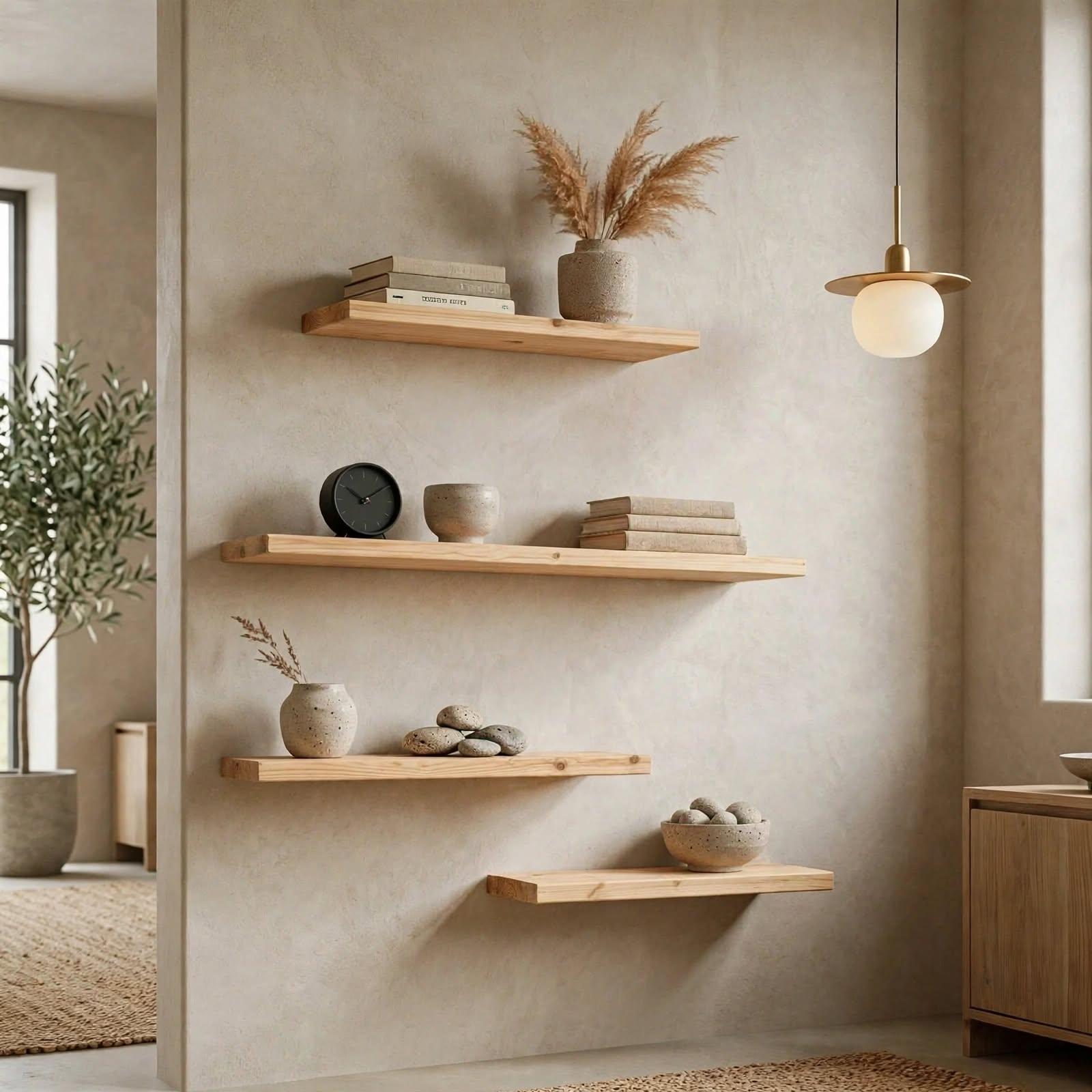Set of 4 Display Wall Décor Floating Shelves - Natural Finish (Mixed Size), photo 1