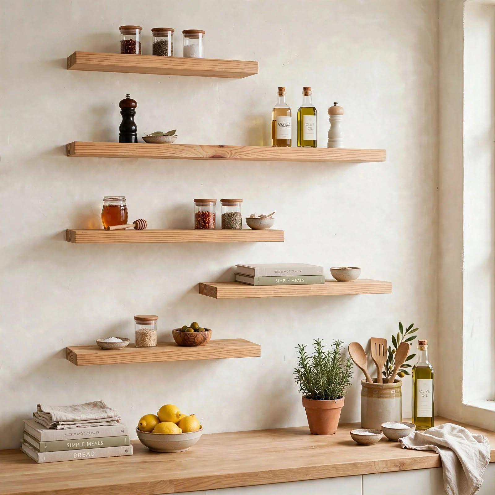 Set of 5 Display Wall Décor Floating Shelves - Natural Finish (Mixed Size), photo 1