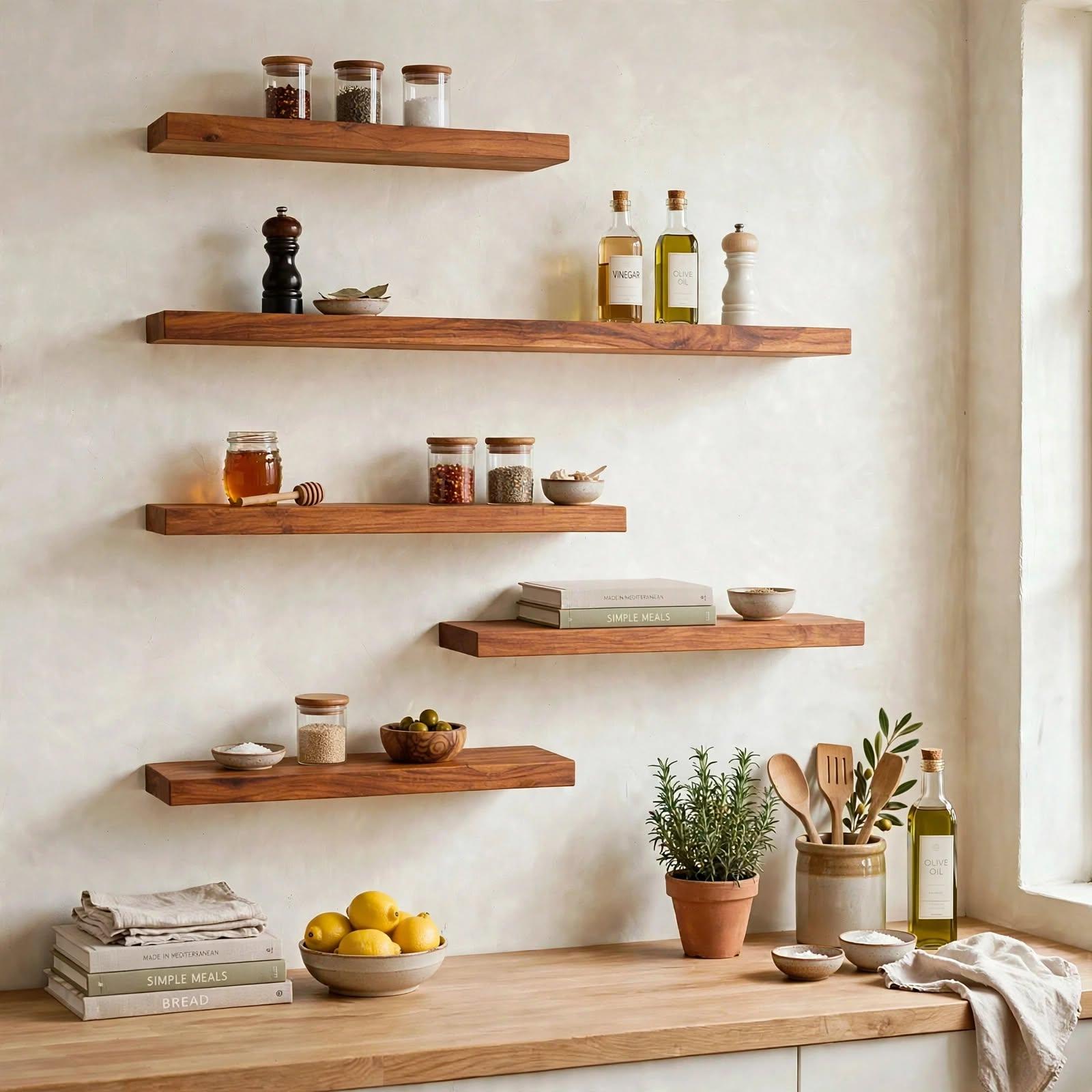 Set of 5 Display Wall Décor Floating Shelves - Light Brown Finish (Mixed Size), photo 1