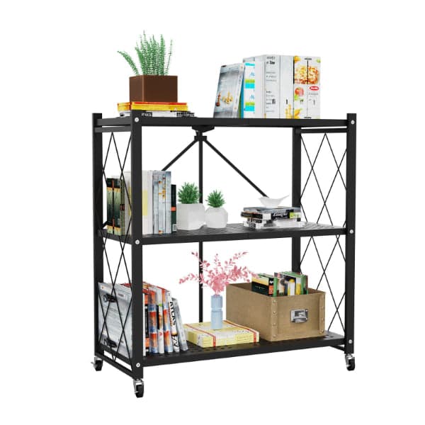 Collapsible Storage Cart - Wheeled 3 Tier Steel Collapsible Utility Cart in Black, photo 2