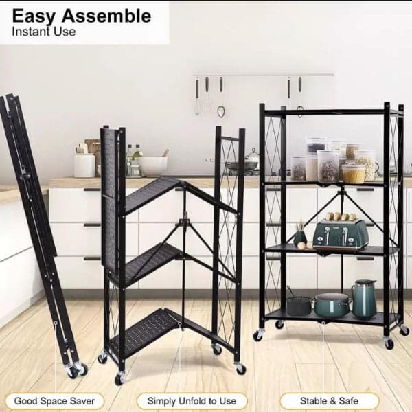 Collapsible Storage Cart - Wheeled 4 Tier Steel Collapsible Utility Cart in Black, photo 4