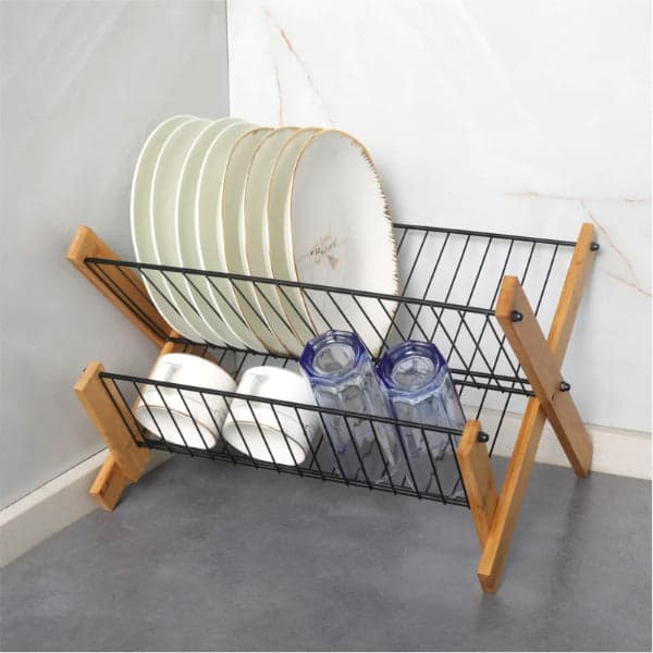 Dish Drying Rack - Bamboo Dish Rack Folding 2-Tier Collapsible Drainer Dish Drying Rack, photo 1