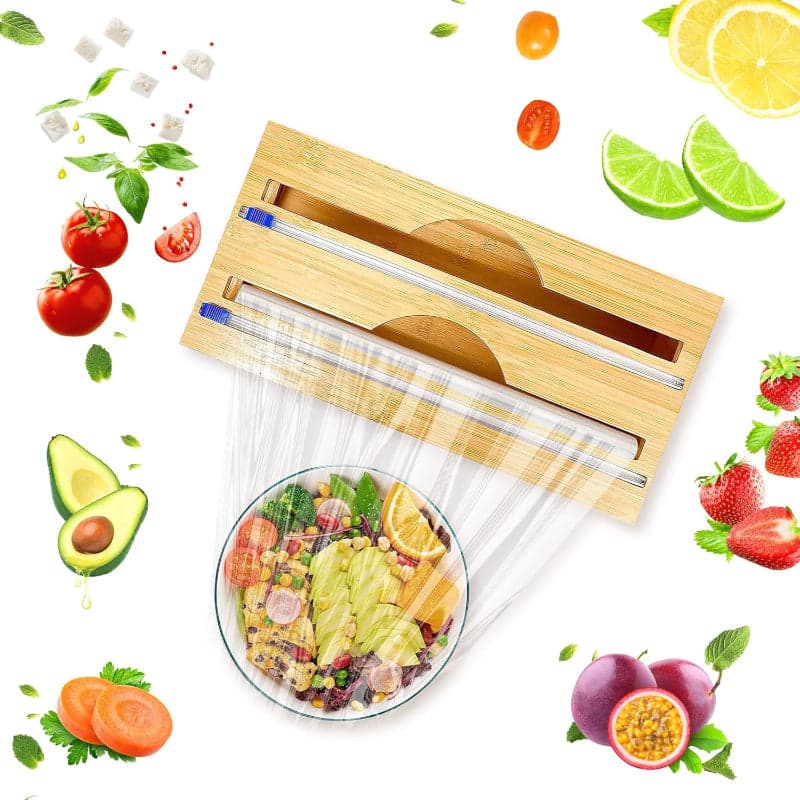 Double Layer Bamboo Plastic Cling Wrap Dispenser with Cutter, photo 2