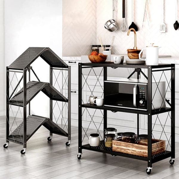 Collapsible Storage Cart - Wheeled 3 Tier Steel Collapsible Utility Cart in Black, photo 3