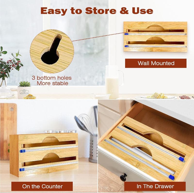 Double Layer Bamboo Plastic Cling Wrap Dispenser with Cutter, photo 4