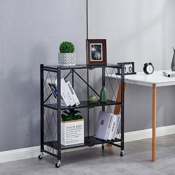 Collapsible Storage Cart - Wheeled 3 Tier Steel Collapsible Utility Cart in Black, photo 5