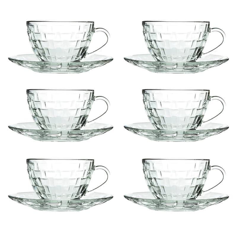 Glass Cup and Saucer Set - 12 Piece Elegant Diamond Pattern Glass Cup and Saucer Set, photo 2