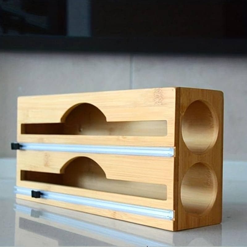 Double Layer Bamboo Plastic Cling Wrap Dispenser with Cutter, photo 1