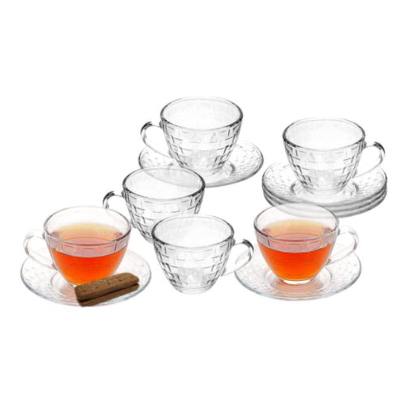 Glass Cup and Saucer Set - 12 Piece Elegant Diamond Pattern Glass Cup and Saucer Set, photo 3