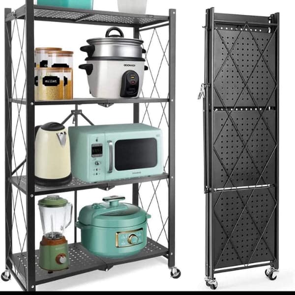 Collapsible Storage Cart - Wheeled 4 Tier Steel Collapsible Utility Cart in Black, photo 2