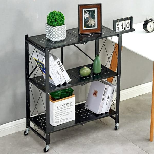Collapsible Storage Cart - Wheeled 3 Tier Steel Collapsible Utility Cart in Black, photo 1