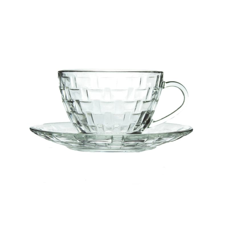 Glass Cup and Saucer Set - 12 Piece Elegant Diamond Pattern Glass Cup and Saucer Set, photo 5