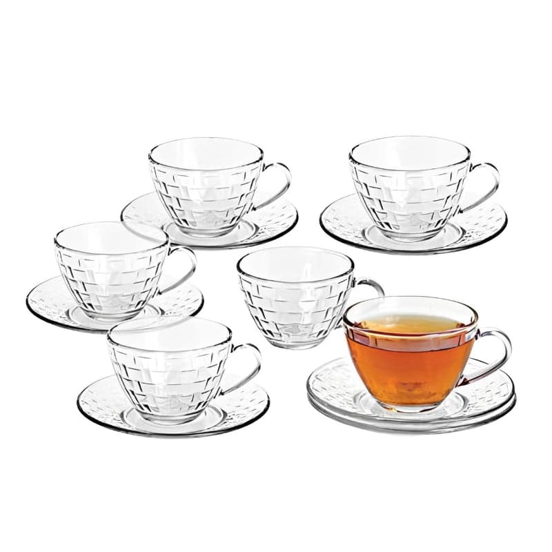 Glass Cup and Saucer Set - 12 Piece Elegant Diamond Pattern Glass Cup and Saucer Set, photo 4