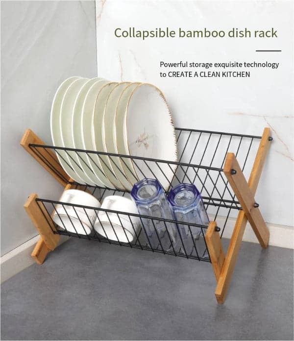 Dish Drying Rack - Bamboo Dish Rack Folding 2-Tier Collapsible Drainer Dish Drying Rack, photo 3