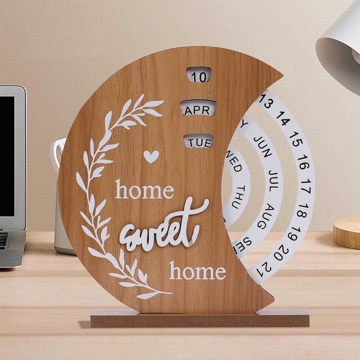 Moon-Shaped Manual Rotating Wooden Disc Perpetual Calendar, photo 1