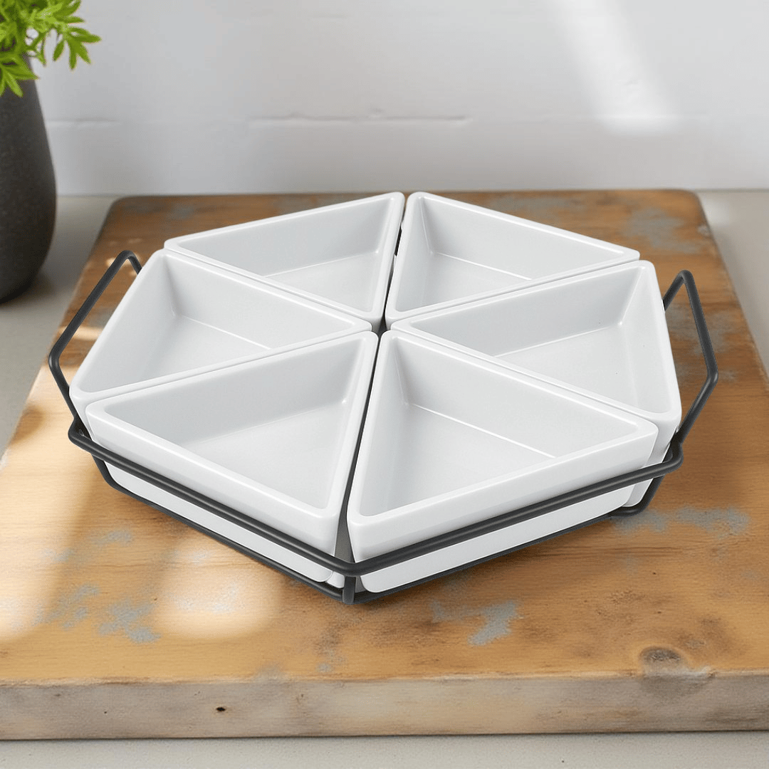 Four-Section White Ceramic Tray Serving Set with Metal Rack, photo 1