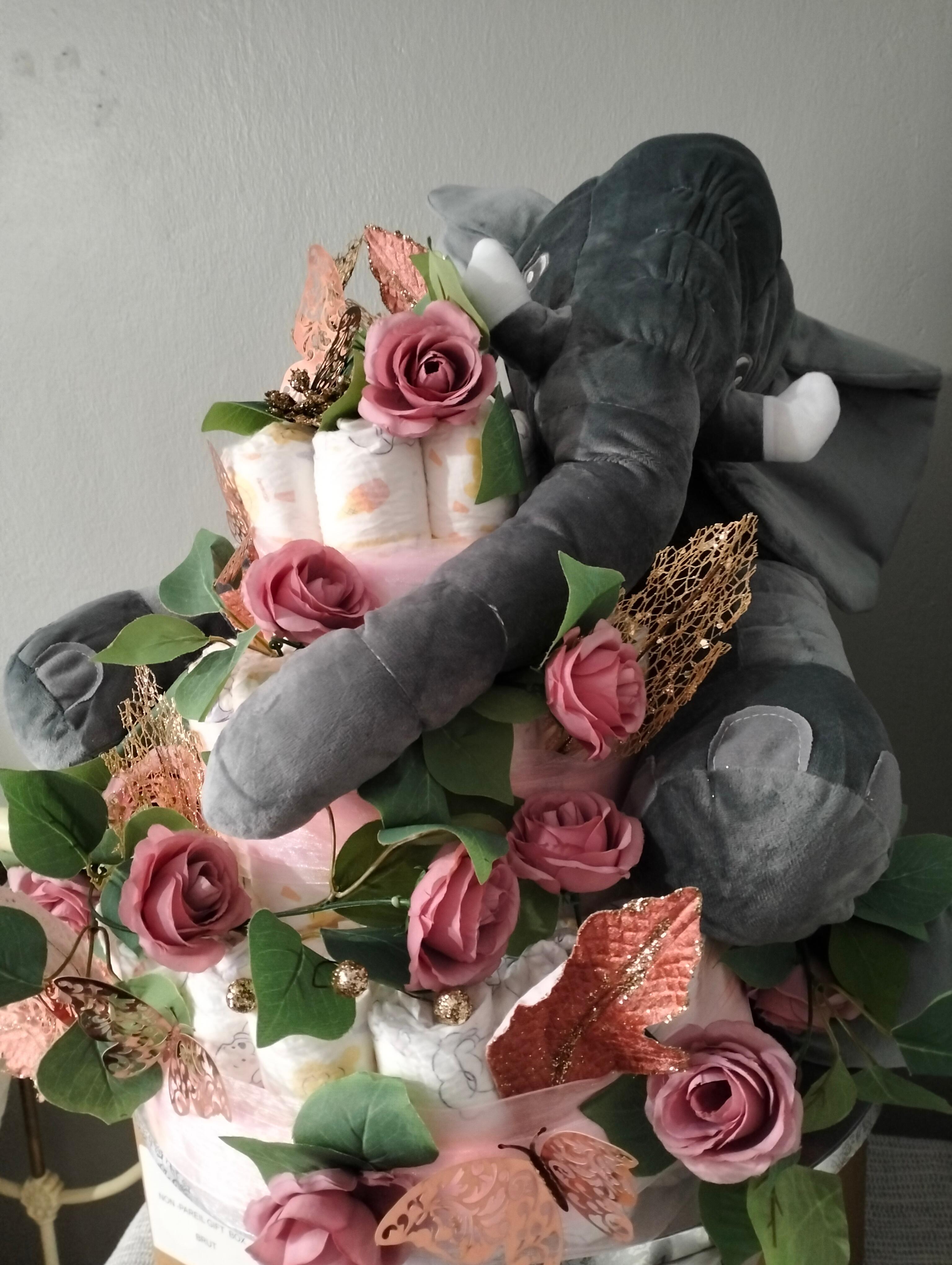 Large baby nappy cake with  cuddle elephant- wild theme — 2