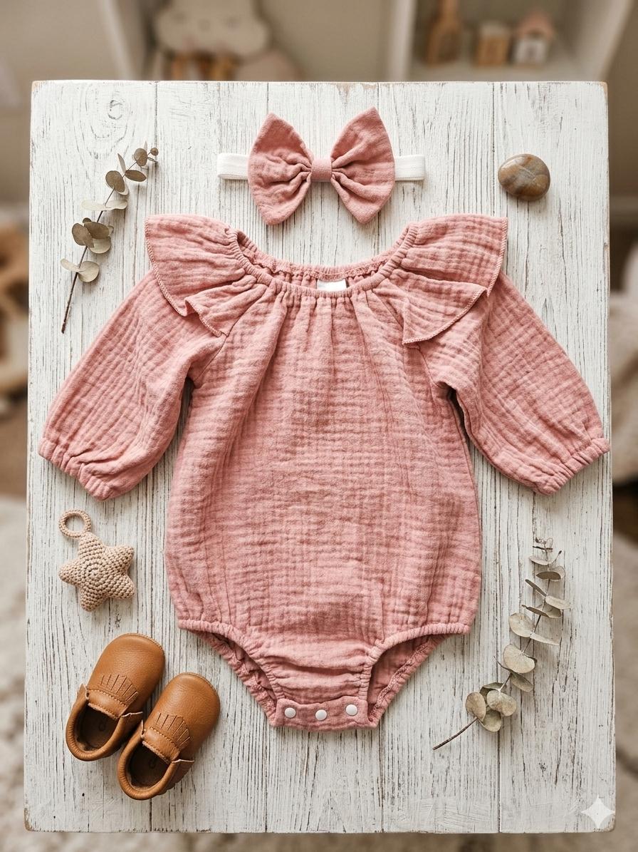 Pink baby girl romper with head band , photo 1