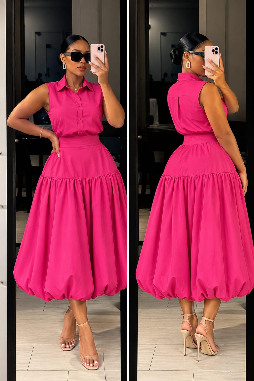 Fuchsia  Sleeveless Shirt & Bubble Hem Maxi Dress , photo 4