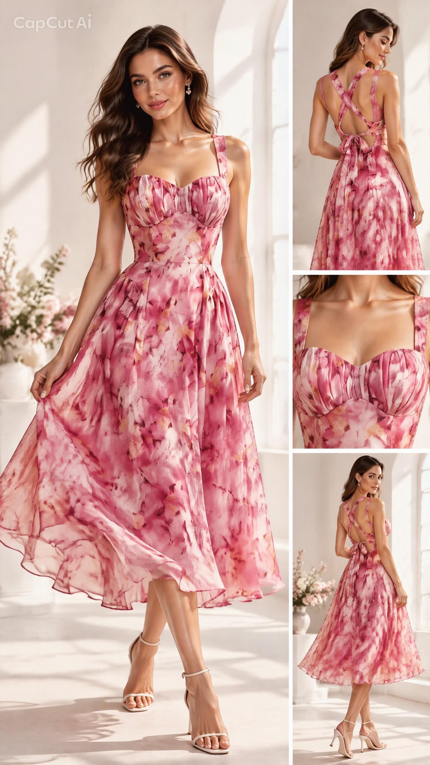 Pink Floral Cross-Back Pleated Midi Dress, photo 4
