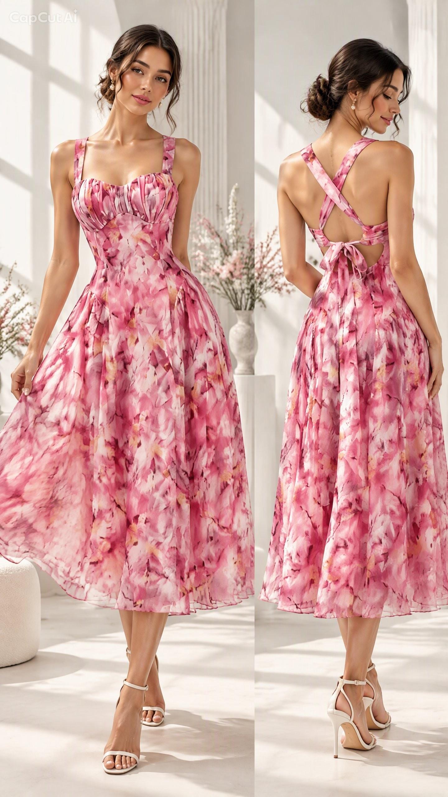 Pink Floral Cross-Back Pleated Midi Dress, photo 1