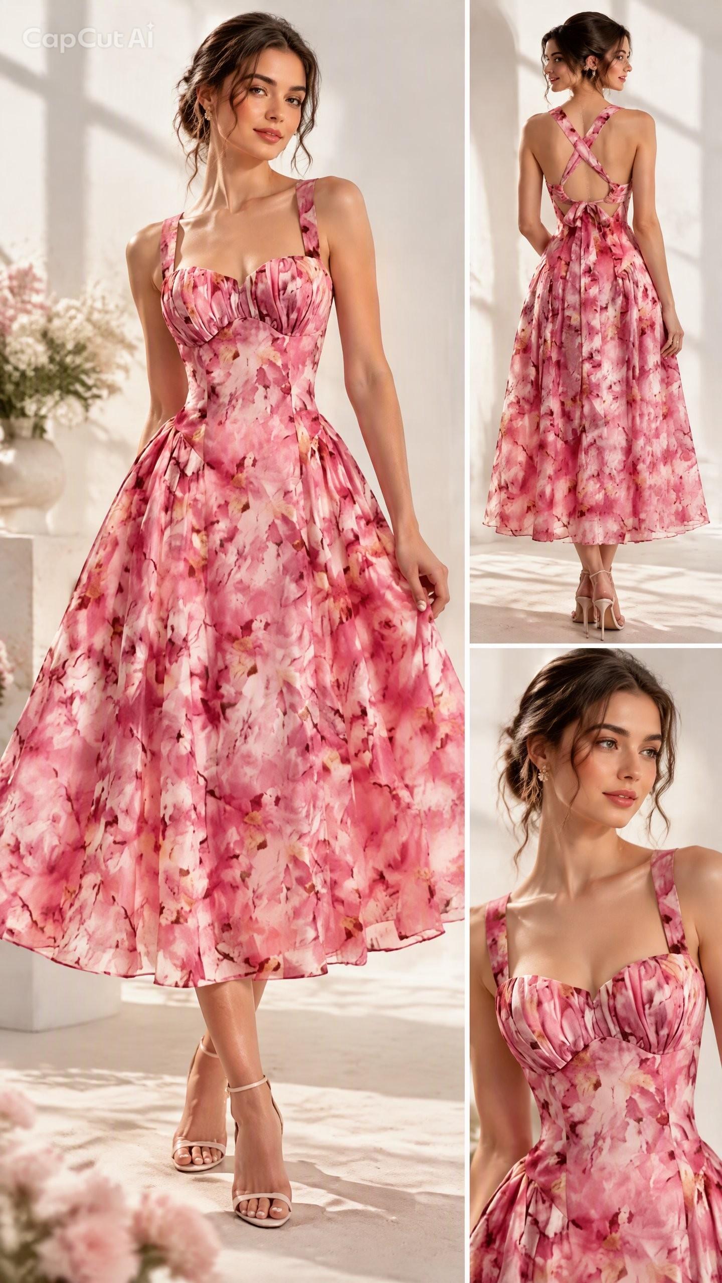 Pink Floral Cross-Back Pleated Midi Dress, photo 3