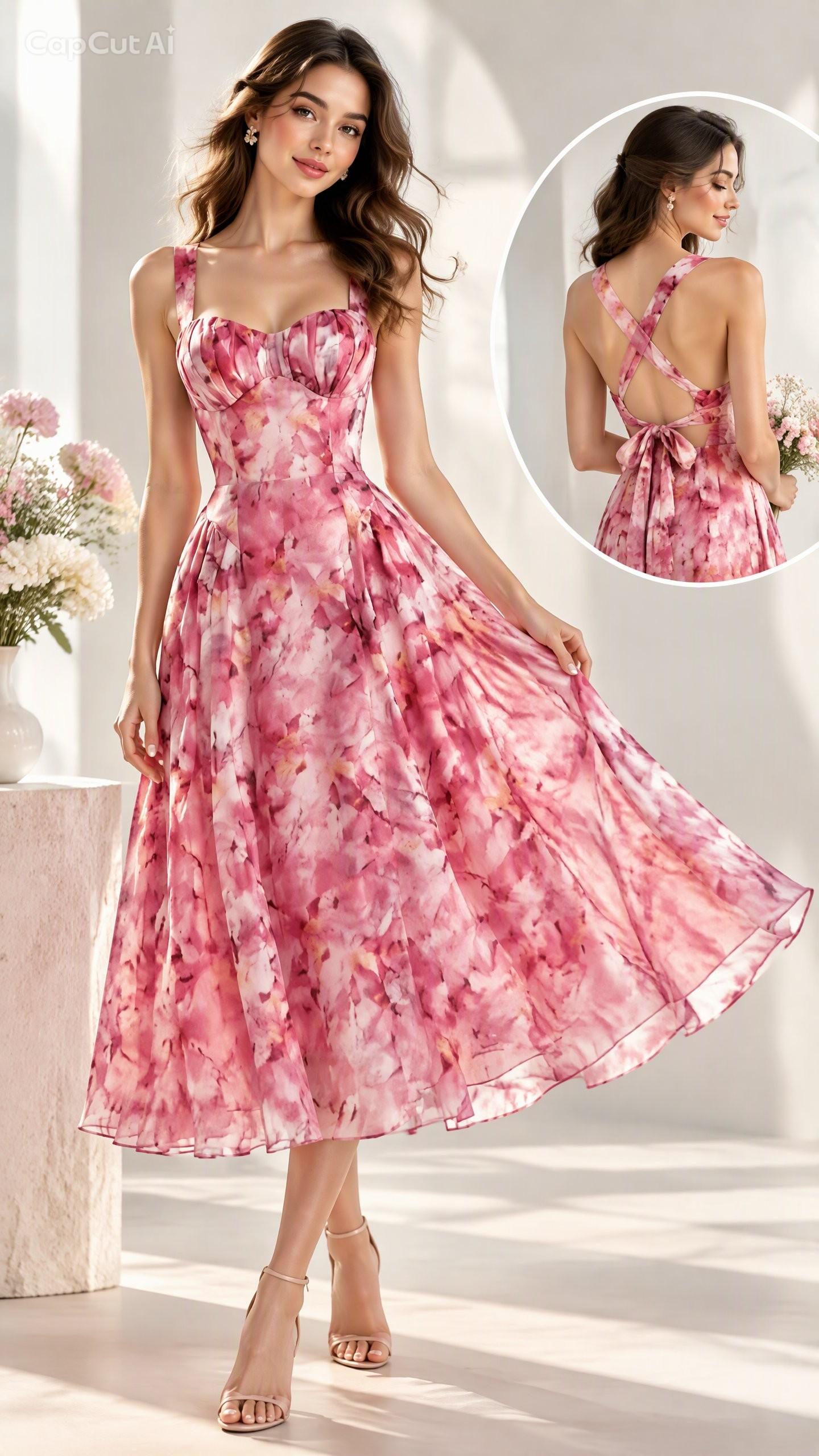 Pink Floral Cross-Back Pleated Midi Dress, photo 2