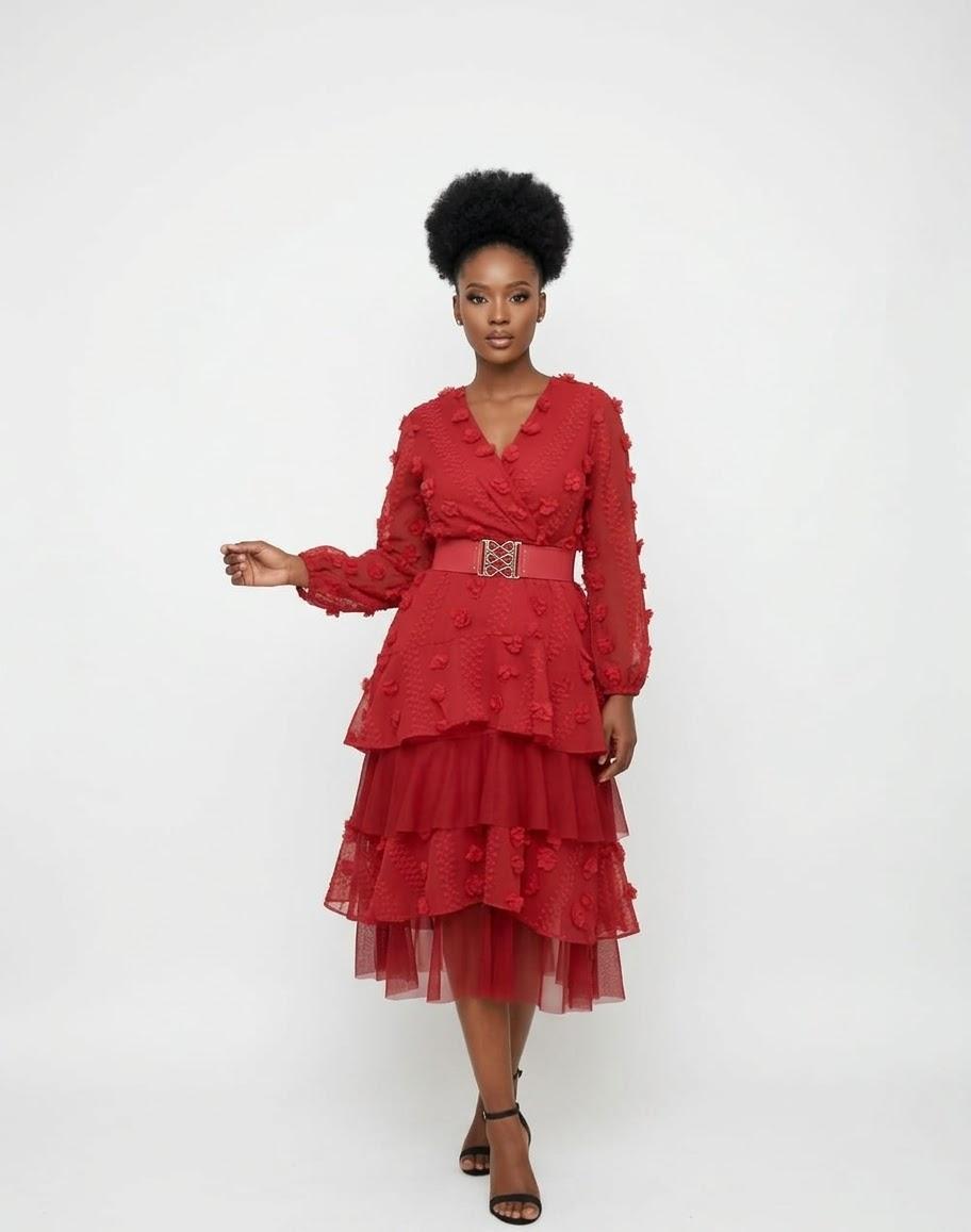  Textured Tiered Midi Dress with Belt, photo 3