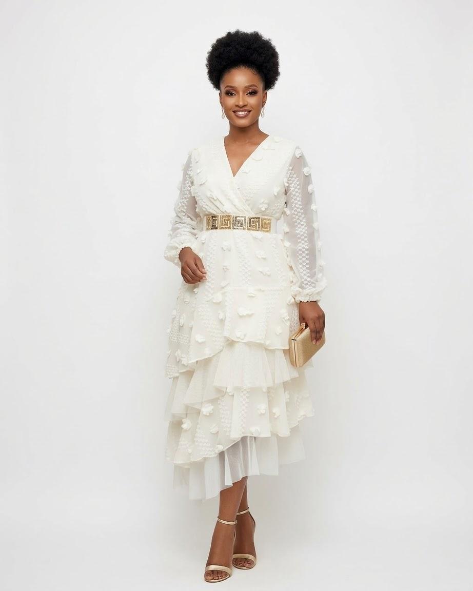  Textured Tiered Midi Dress with Belt, photo 2