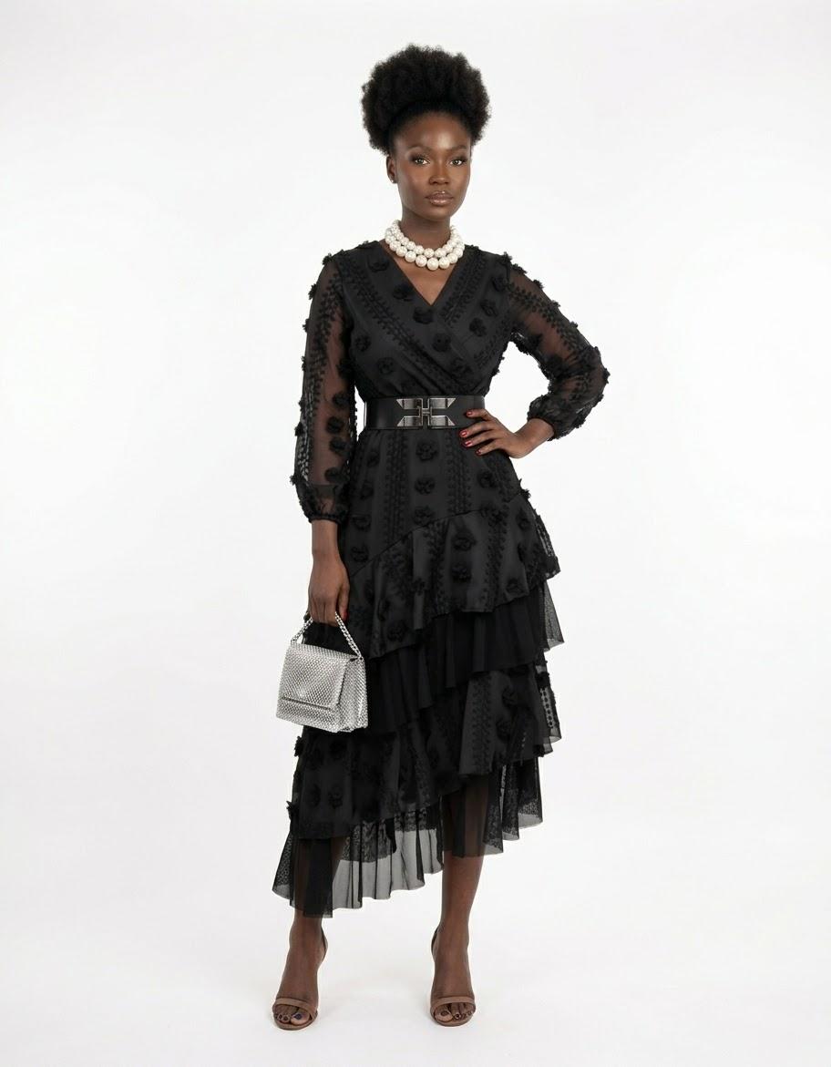  Textured Tiered Midi Dress with Belt, photo 1