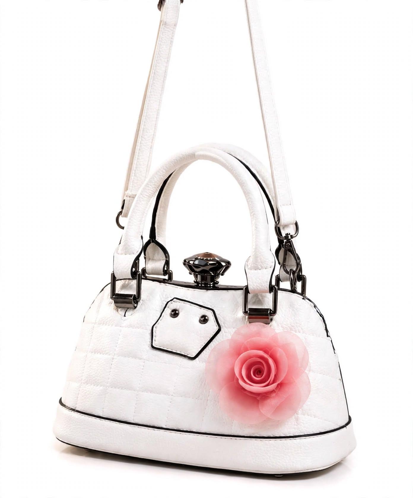 White Quilted Mini Handbag - Pink Rose Flower - Elegant Top Handle + Crossbody, photo 2