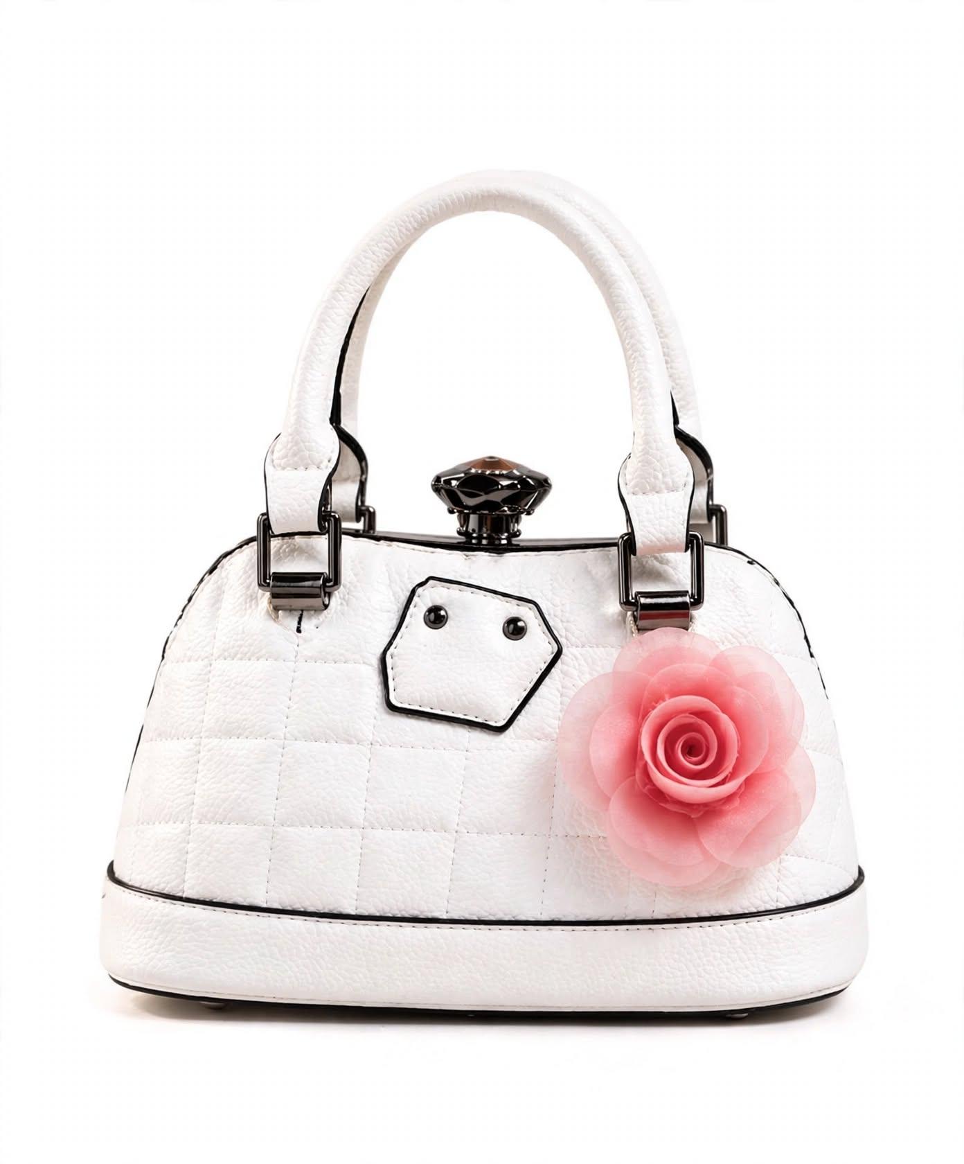 White Quilted Mini Handbag - Pink Rose Flower - Elegant Top Handle + Crossbody, photo 3