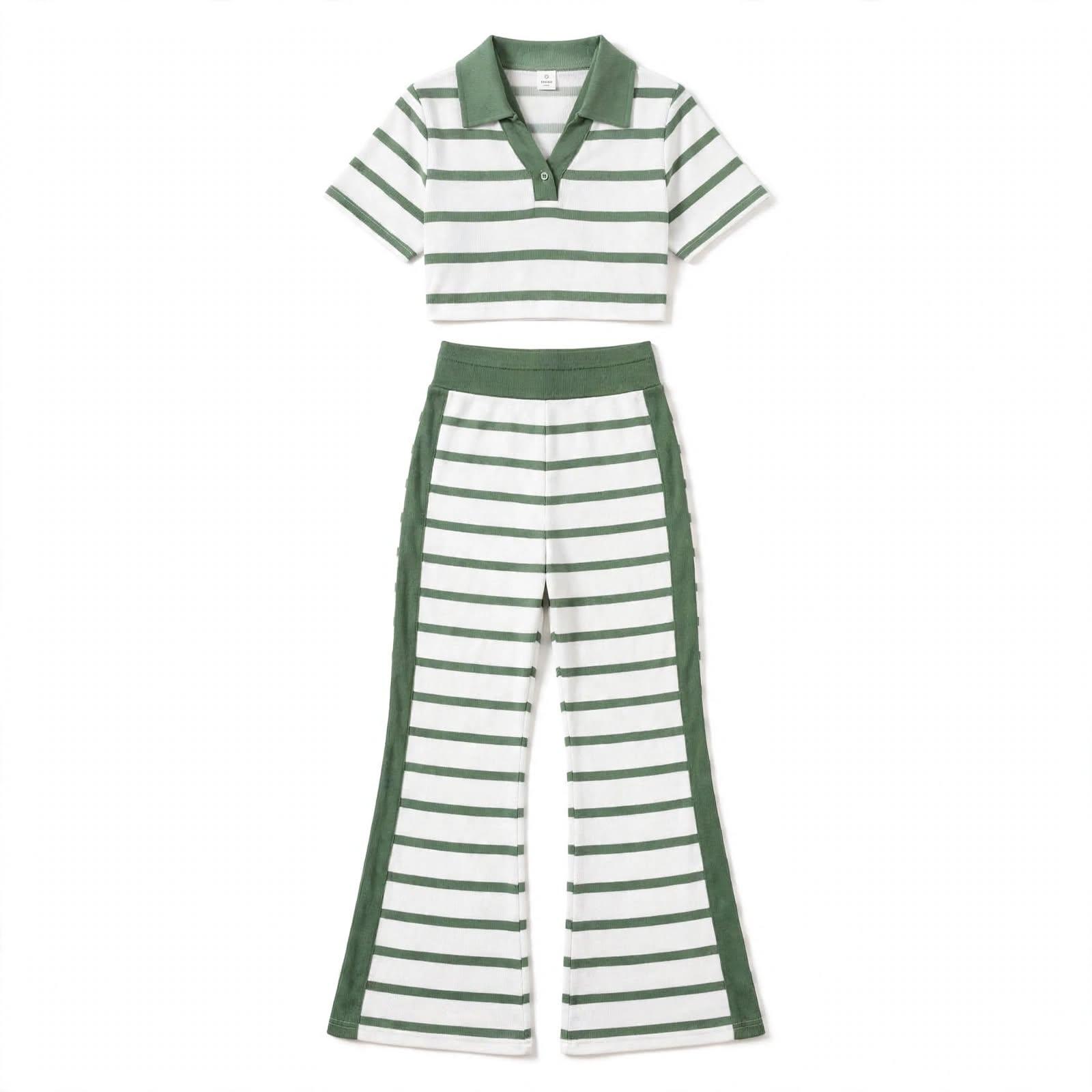 Women's Striped 2-Piece Set - Polo Crop + Wide Leg Pants (5 Colours) - S to XL, photo 5