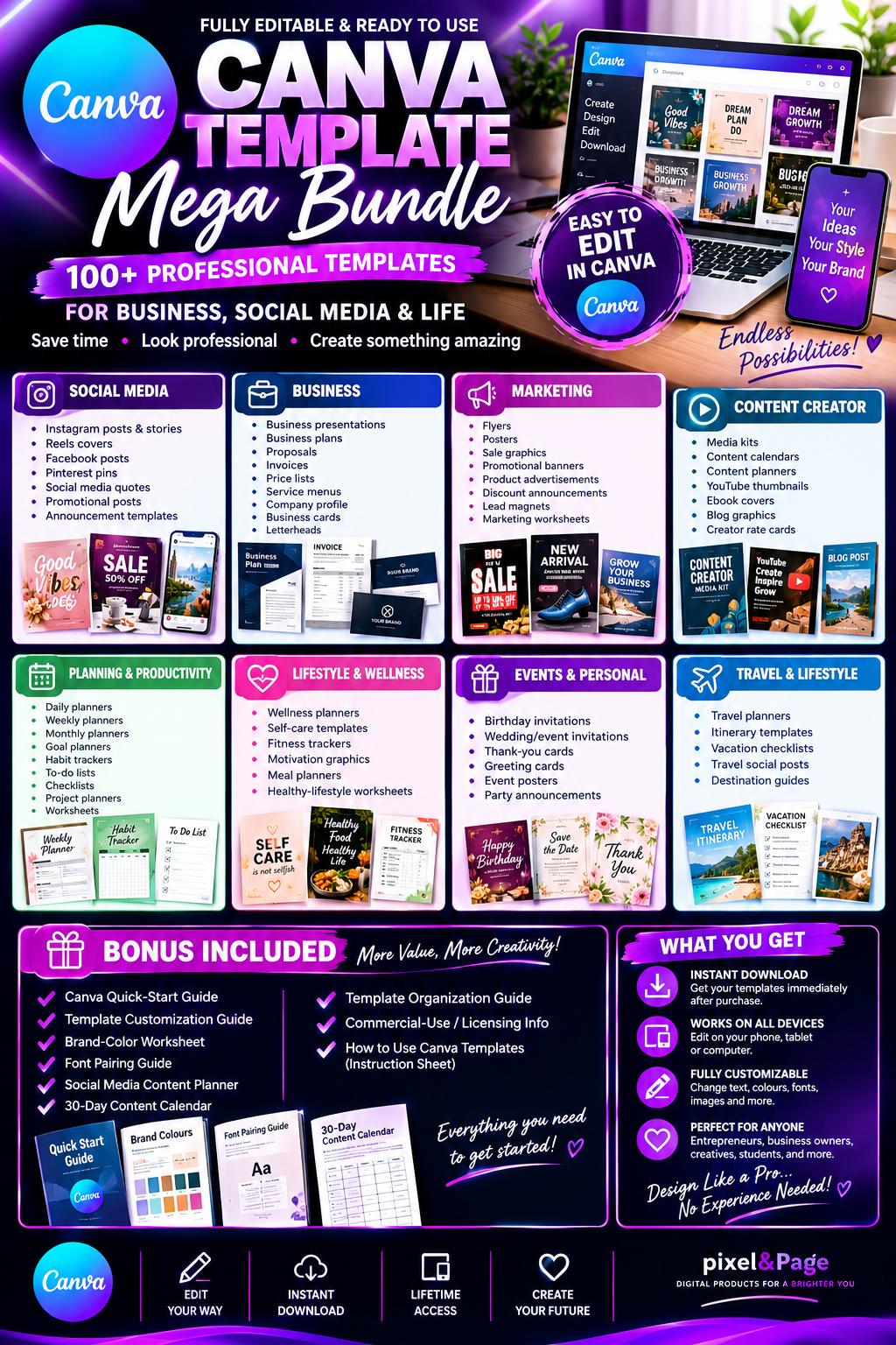 Canva Template Mega Bundle β 100+ Editable Templates for Business, Social Media & Life